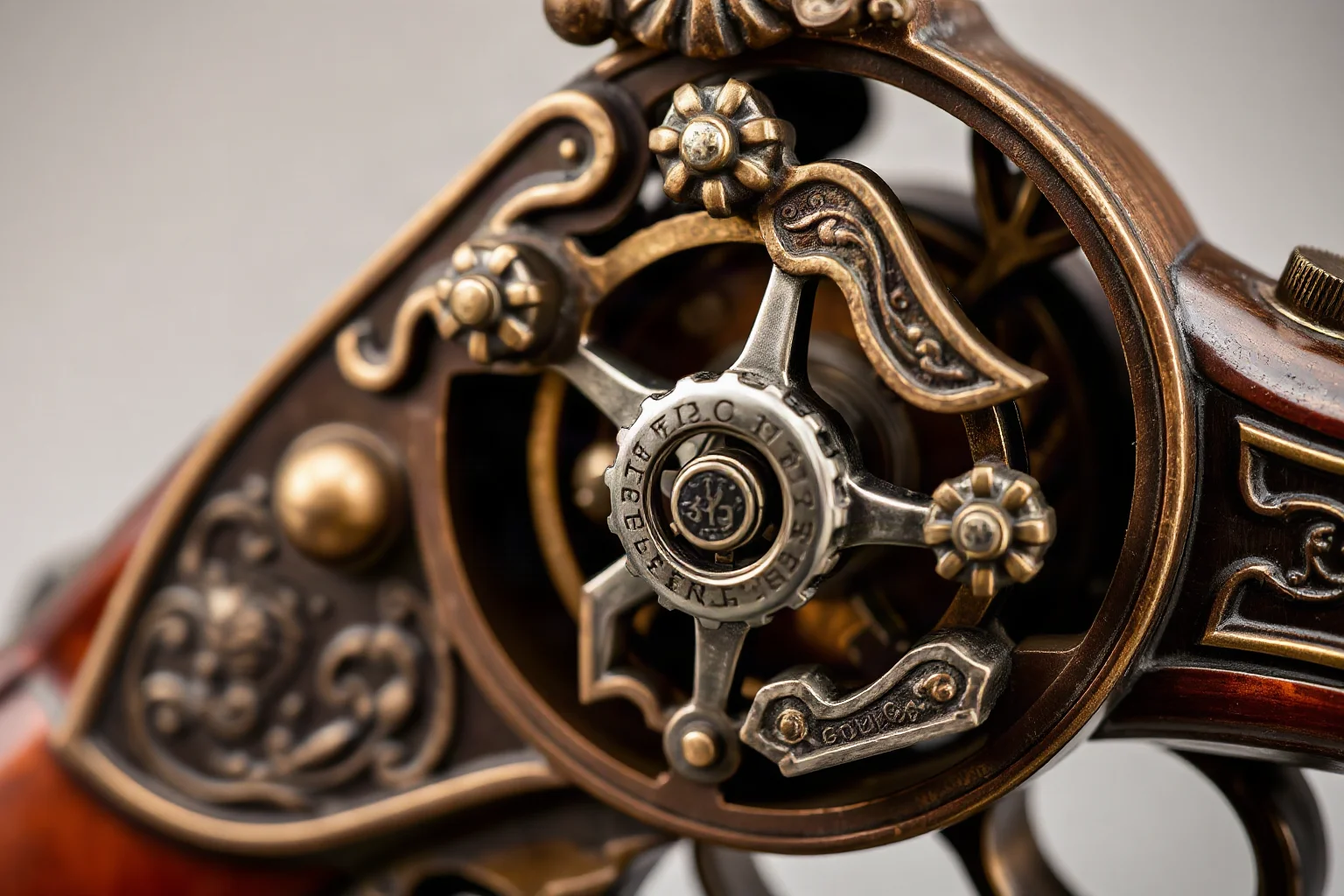 A close-up illustration of an ornate wheellock pistol mechanism with a spinning steel wheel