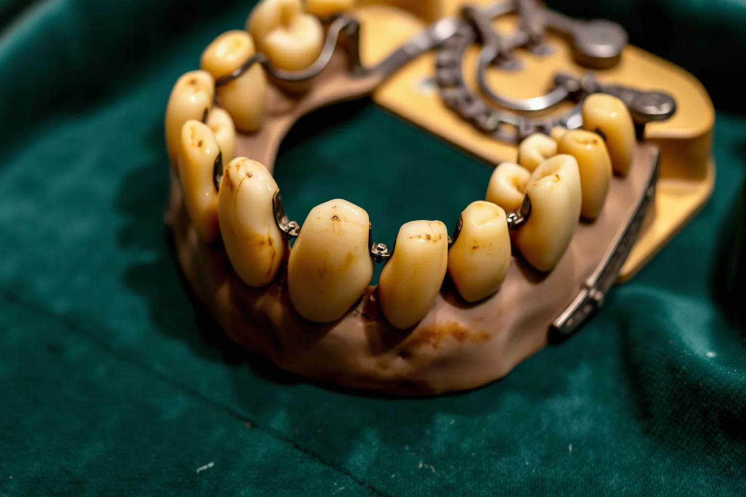 A close-up illustration of antique 18th-century dentures made of ivory and metal resting on a velvet cloth, museum display style