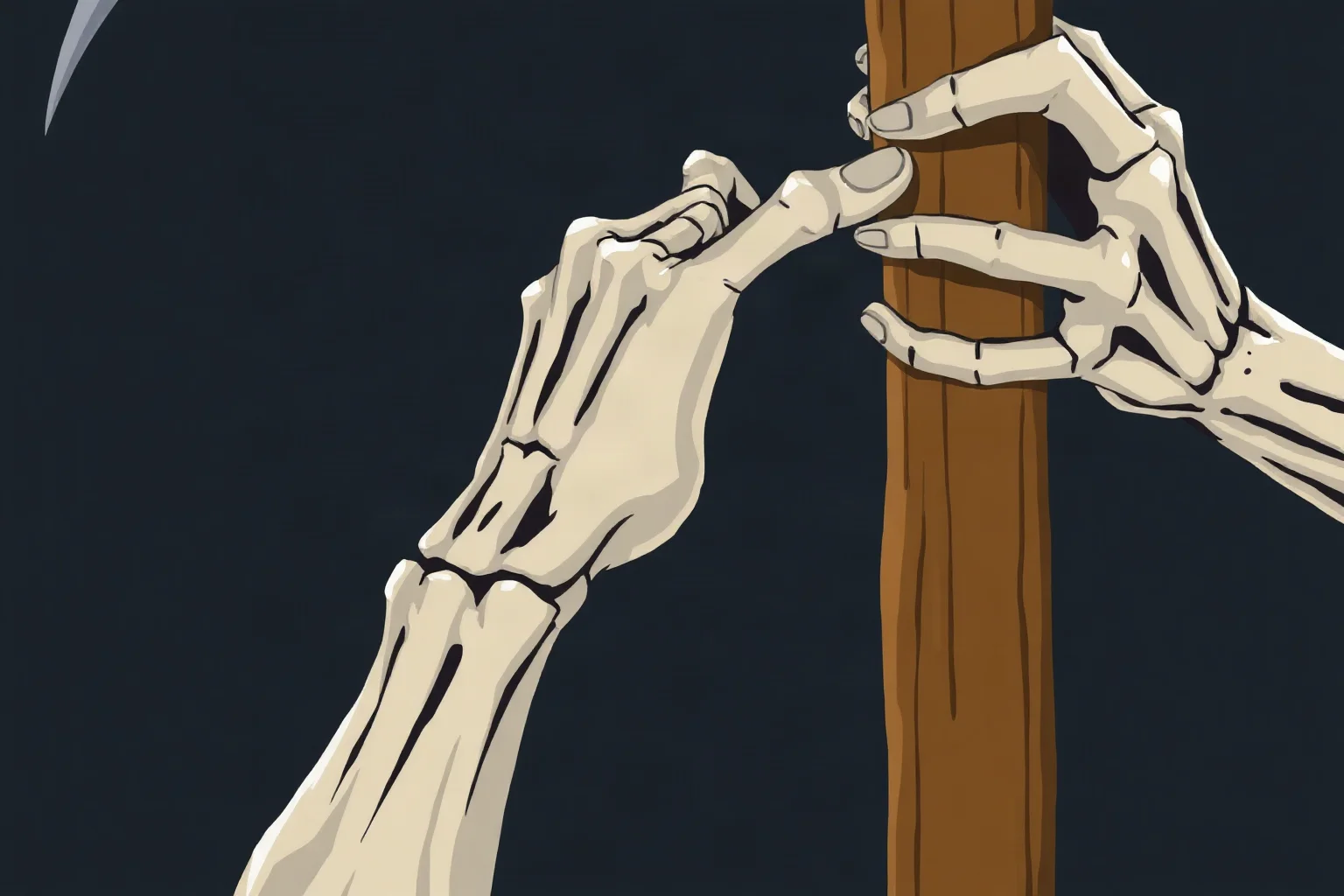 A close-up illustration of bony hands gripping the wooden shaft of a farming scythe against a dark background, symbolic and painterly, no text