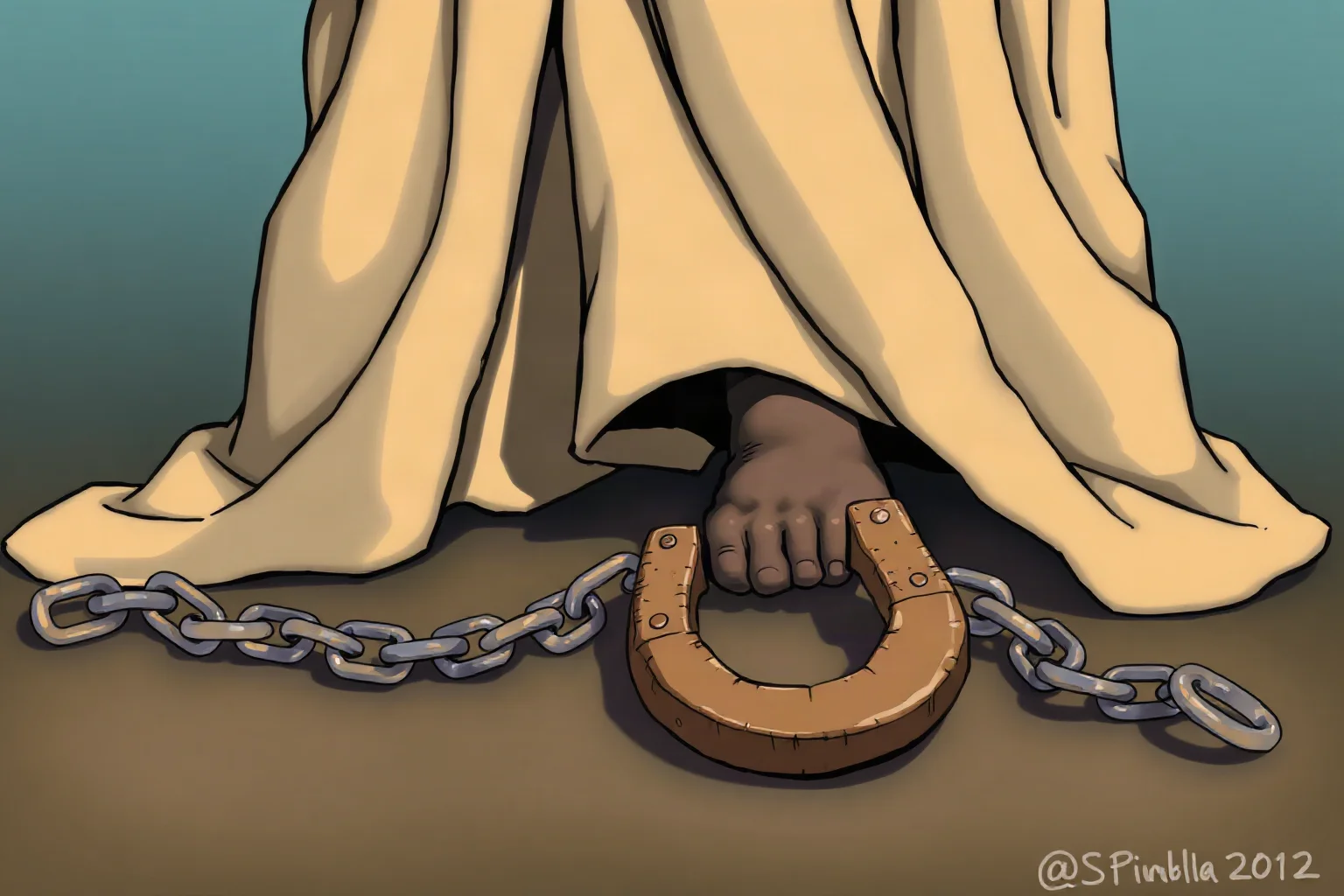 A close-up illustration of broken chains and a shackle lying at the base of a robed statue's feet