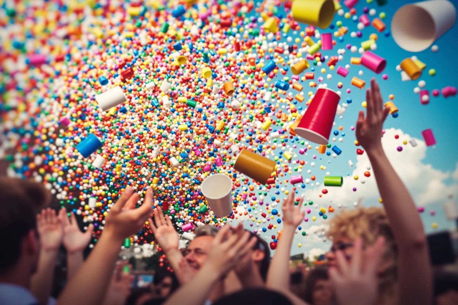 Mardi Gras Krewes: How Parades Turned Into Power And Pop Culture 18 A close-up illustration of colorful beads, cups, and decorated trinkets being tossed into a crowd