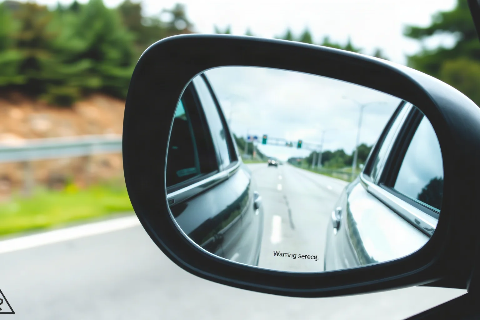 A close-up of a car's side mirror reflecting a highway scene with small printed warning text along the bottom edge, realistic illustration style