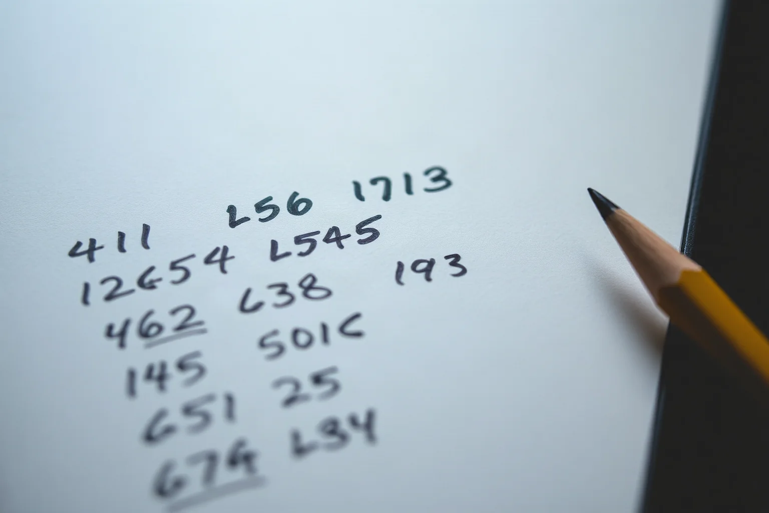 A close-up of a hand-written page covered in five-digit number groups, notepad and pencil, moody lighting