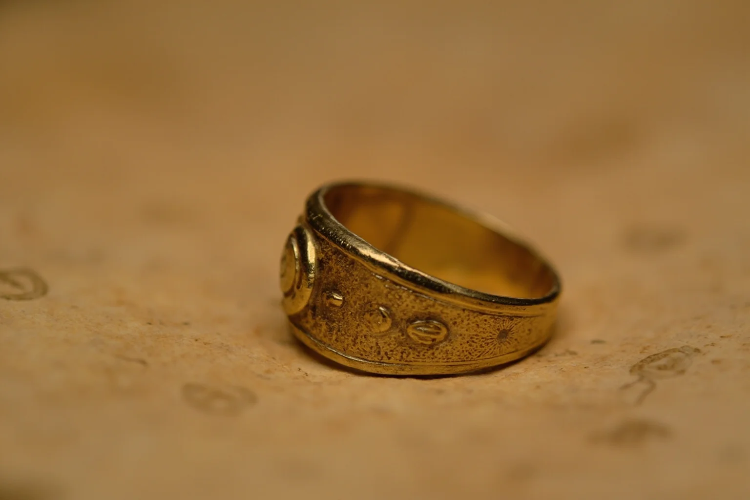 A close-up of an ancient engraved gold ring resting on aged parchment