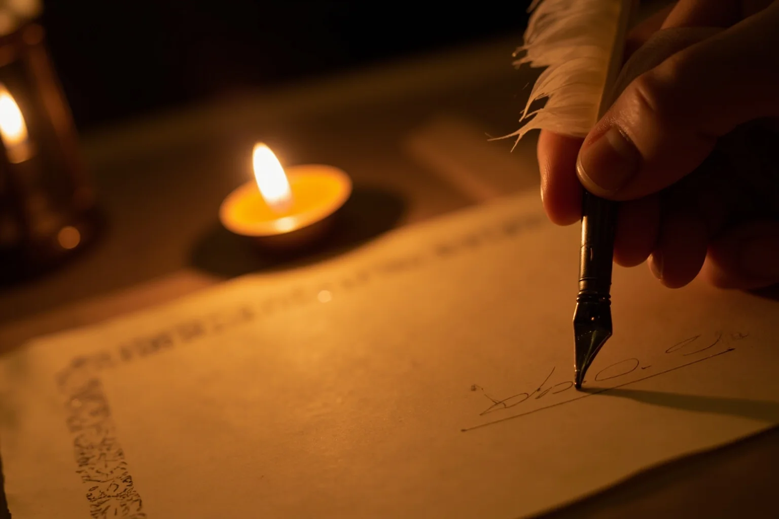 26 Facts About Nostradamus and His Predictions 4 A close-up of an antique quill pen writing a signature on aged parchment paper, warm candlelight