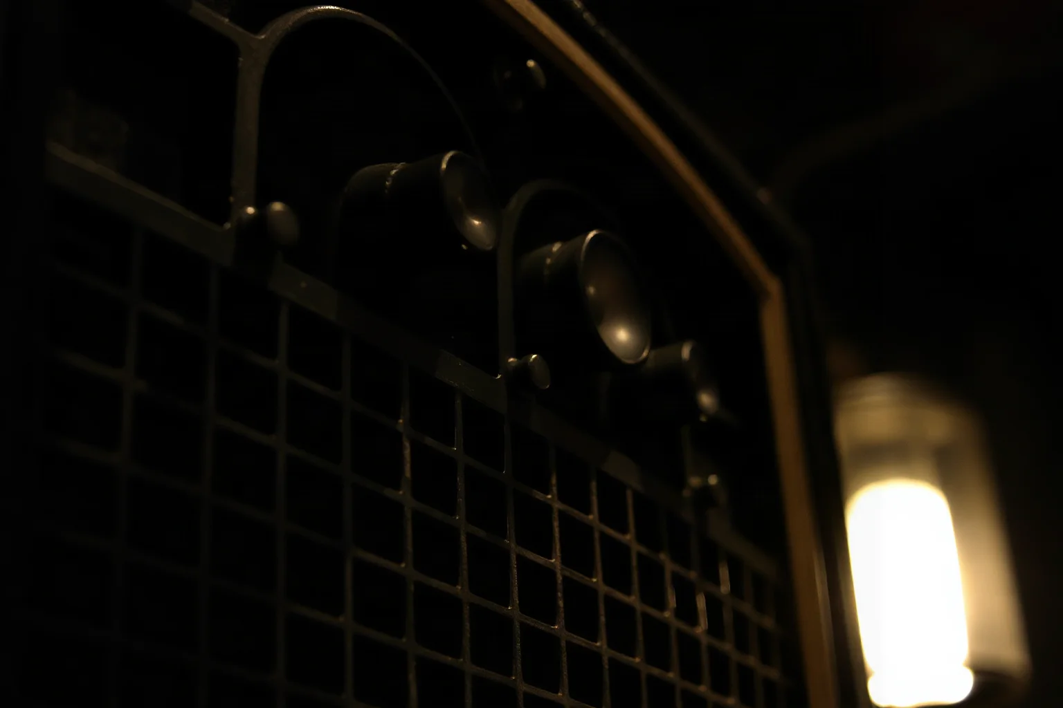 A close-up of an antique radio speaker grille with faint light behind it, unsettling atmosphere
