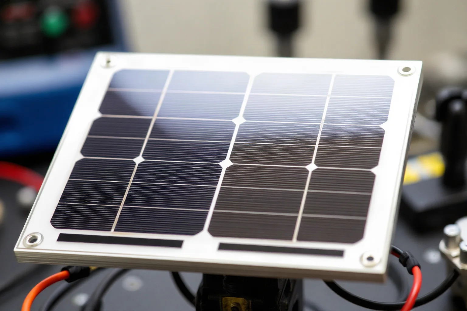 A close-up of an early flat silicon solar cell panel with wiring, retro lab setting
