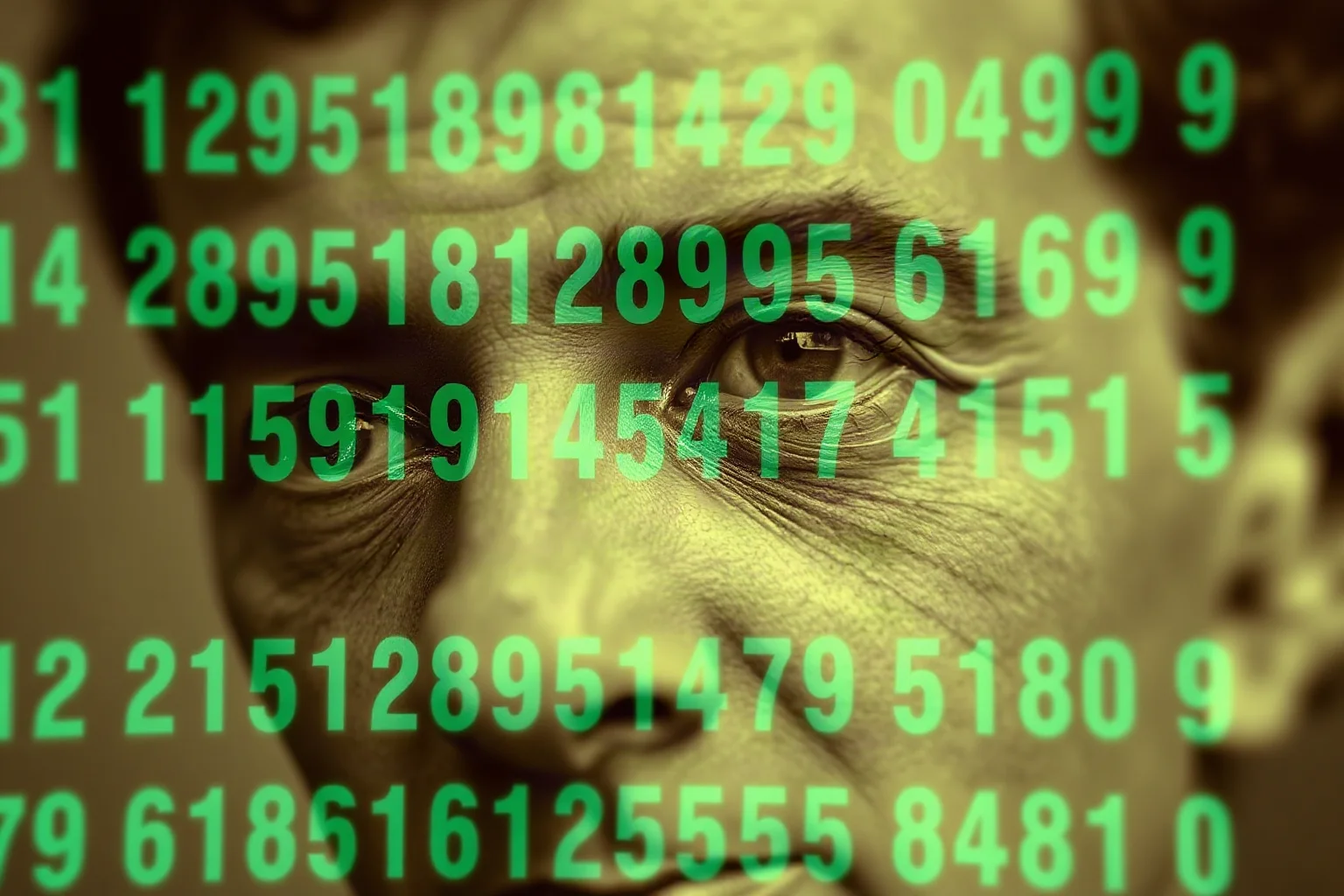 A close-up of an old photograph with a hidden coded message pattern overlay, spy-tech illustration