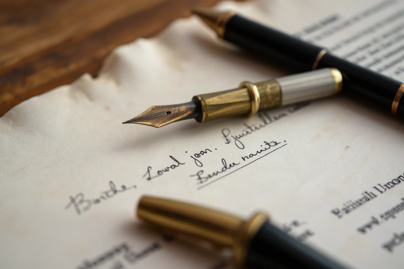 A close-up of an old quill pen resting on a faded, ink-signed legal parchment document
