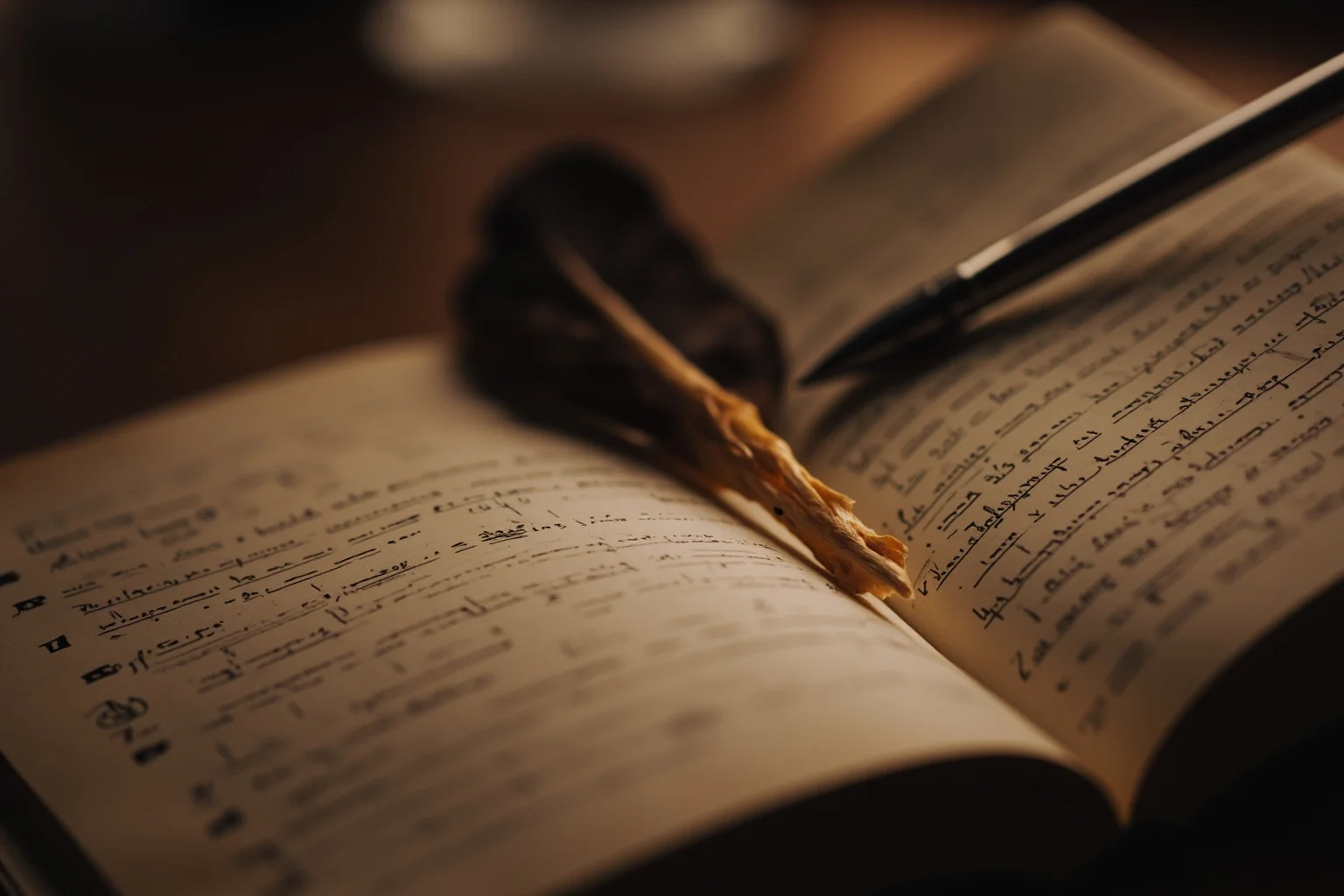 A close-up of an old ship's logbook open on a wooden table with a quill pen