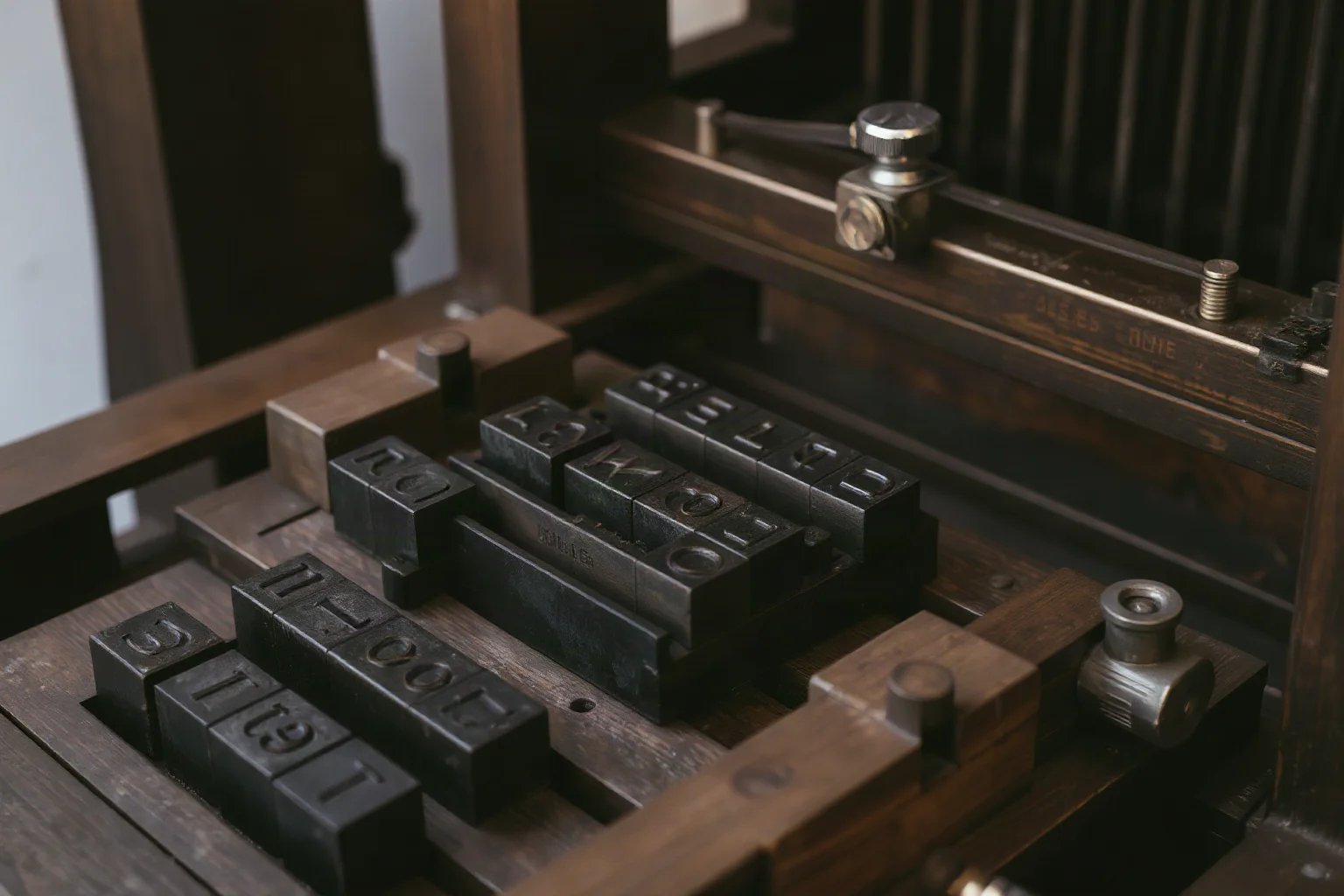 A close-up of an old wooden movable-type printing press with metal letter blocks