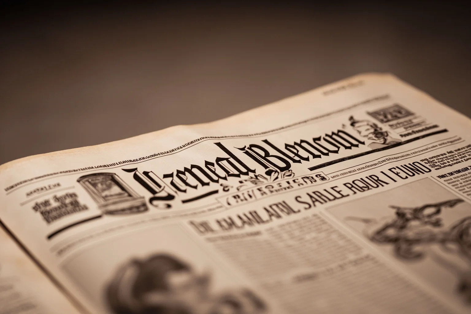A close-up of an open antique newspaper front page with bold French-style headline text, dramatic sepia tones, editorial illustration style