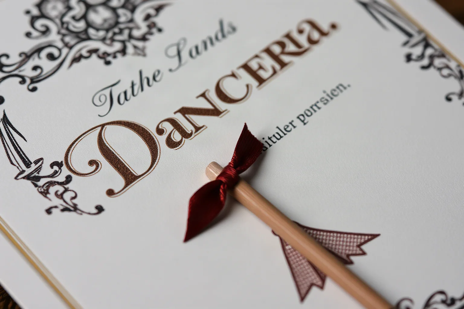 A close-up of an ornate Victorian dance card with a small pencil attached by ribbon