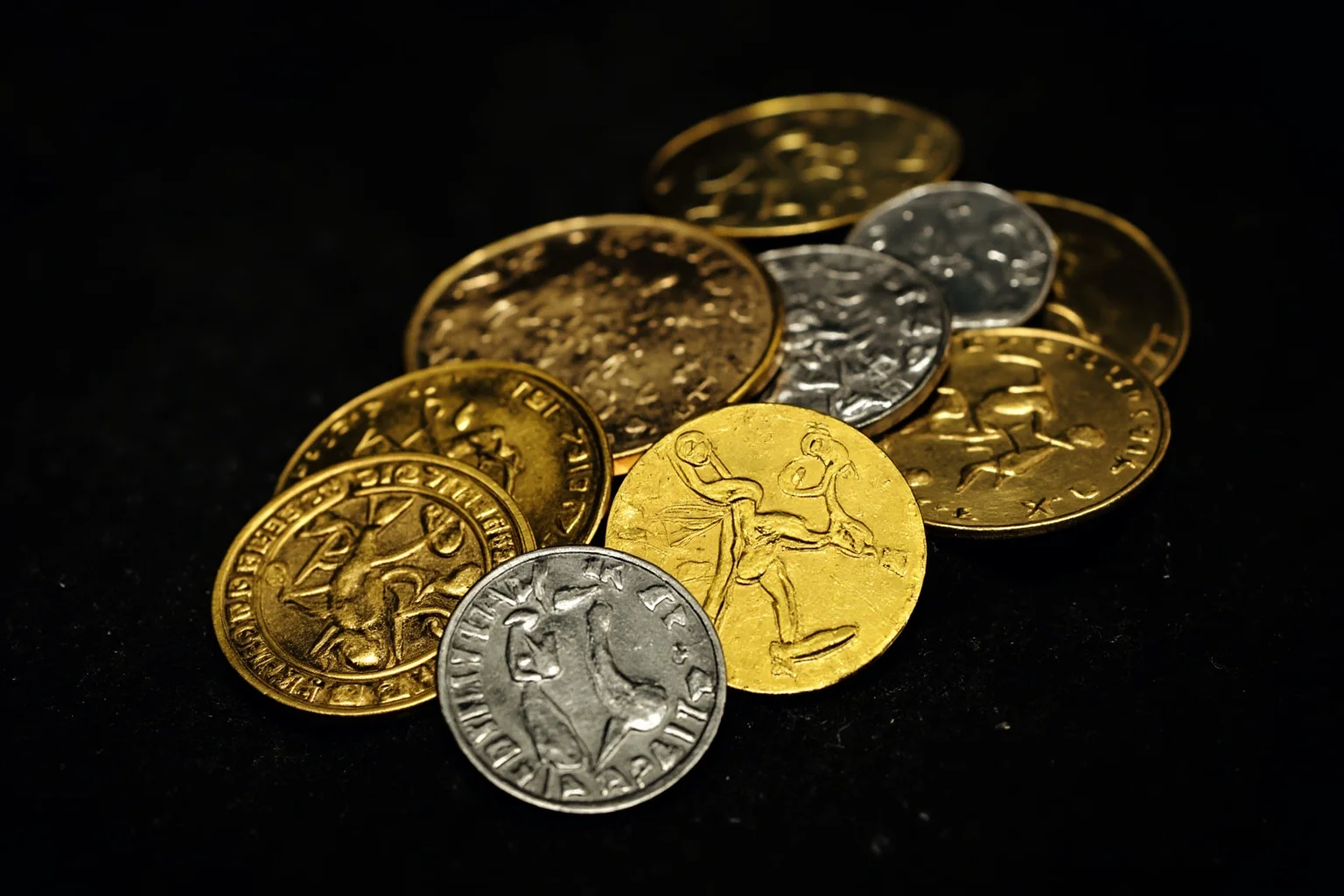25 Captivating Facts About the Persian Empire 15 A close-up of ancient gold and silver Persian coins, the daric and siglos, arranged on dark fabric