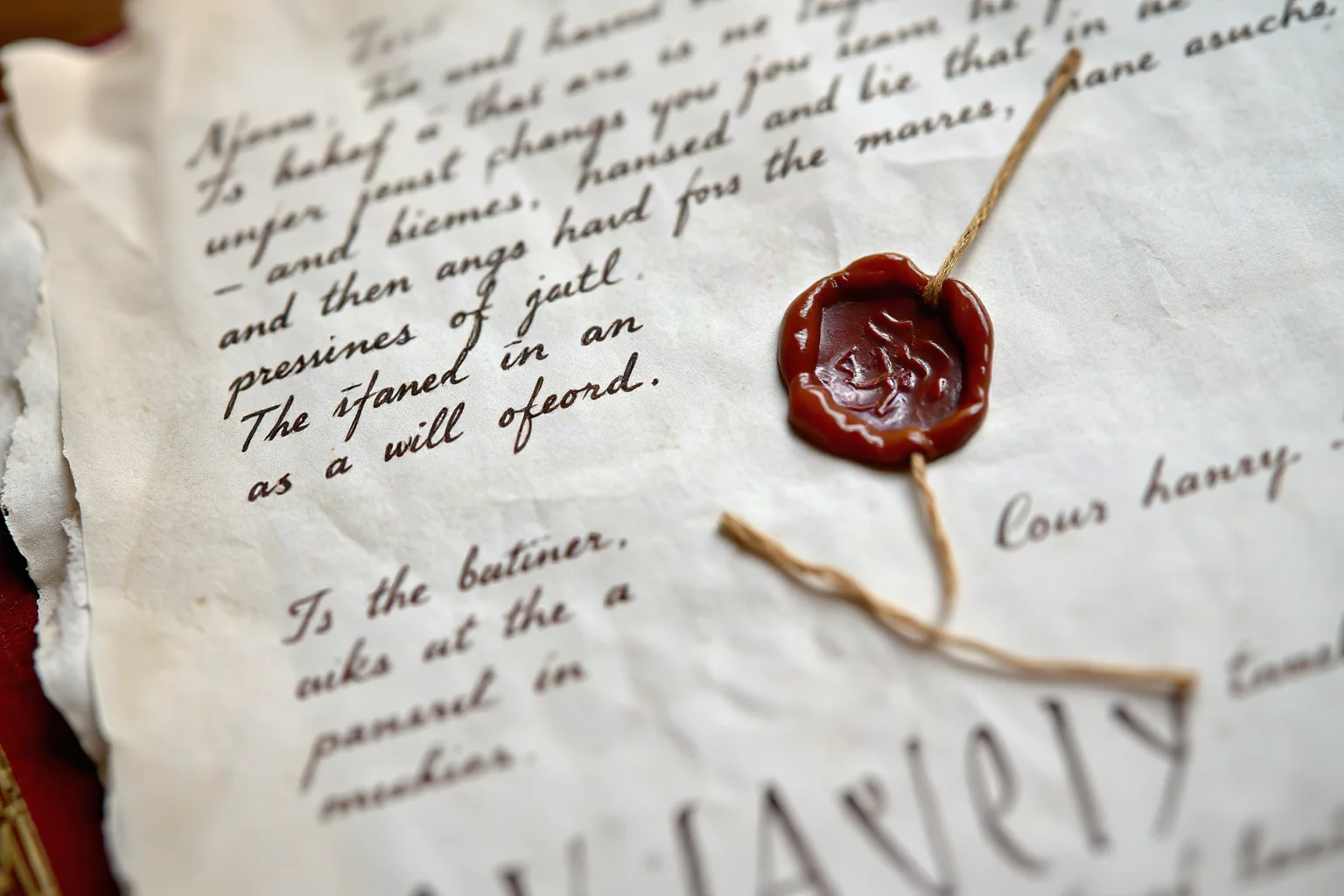 A close-up of ancient handwritten letters on parchment with a wax seal, symbolizing preserved historical writings