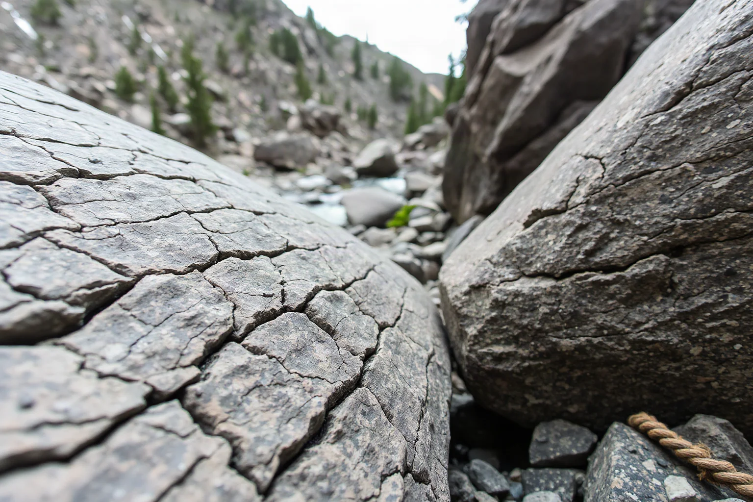 A close-up of scratched, polished bedrock and a large boulder left behind by glacial movement in a rocky valley