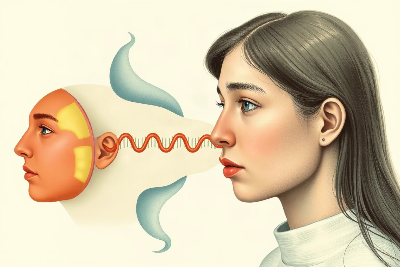 A close-up scientific illustration comparing generations of portrait profiles to show a genetic trait