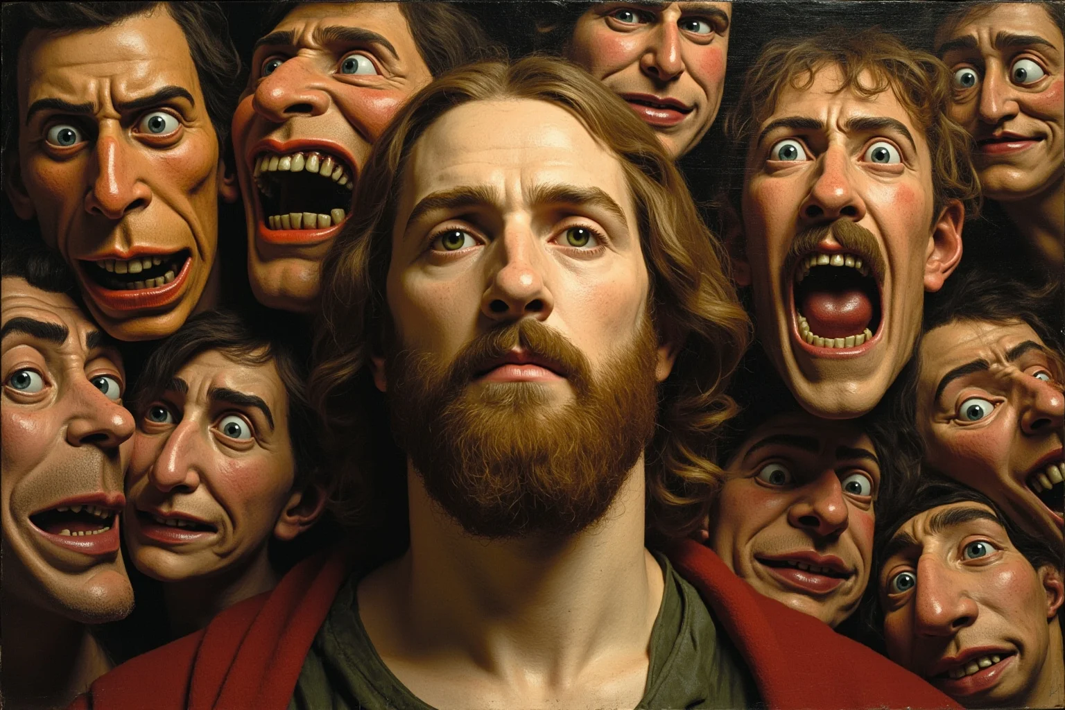 22 Creepiest Pieces of Medieval Art (And the Strange History Behind Them) 14 A close-up style religious painting of a serene bound figure surrounded by exaggerated, sneering mocking faces