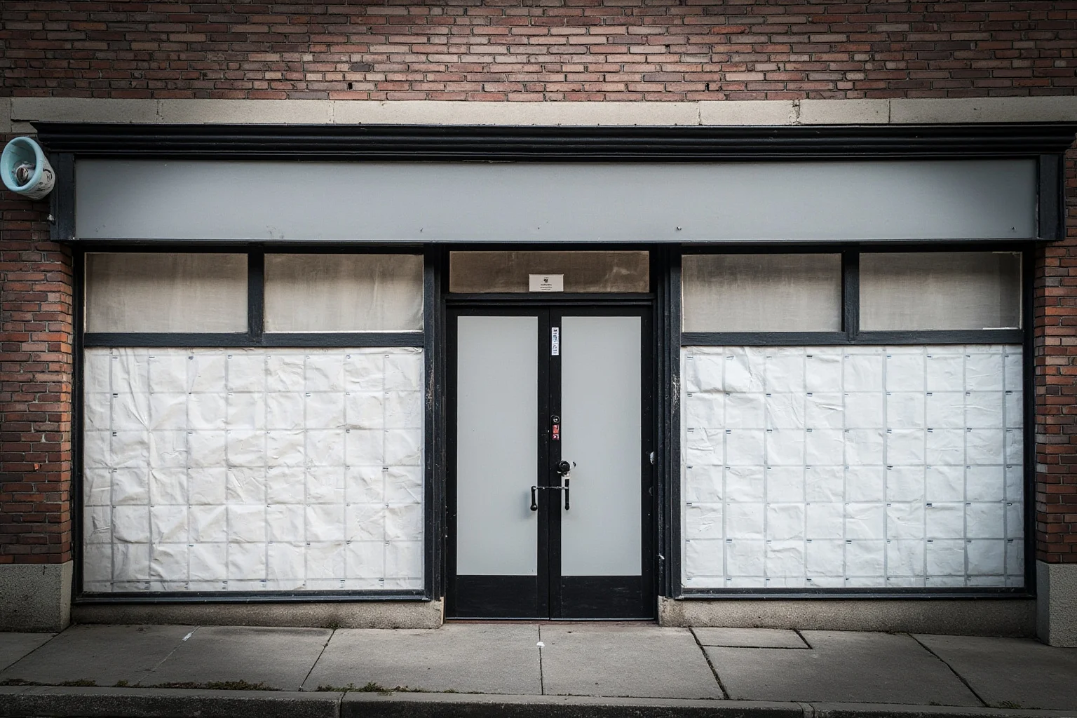 A closed bank branch storefront with paper taped over the windows