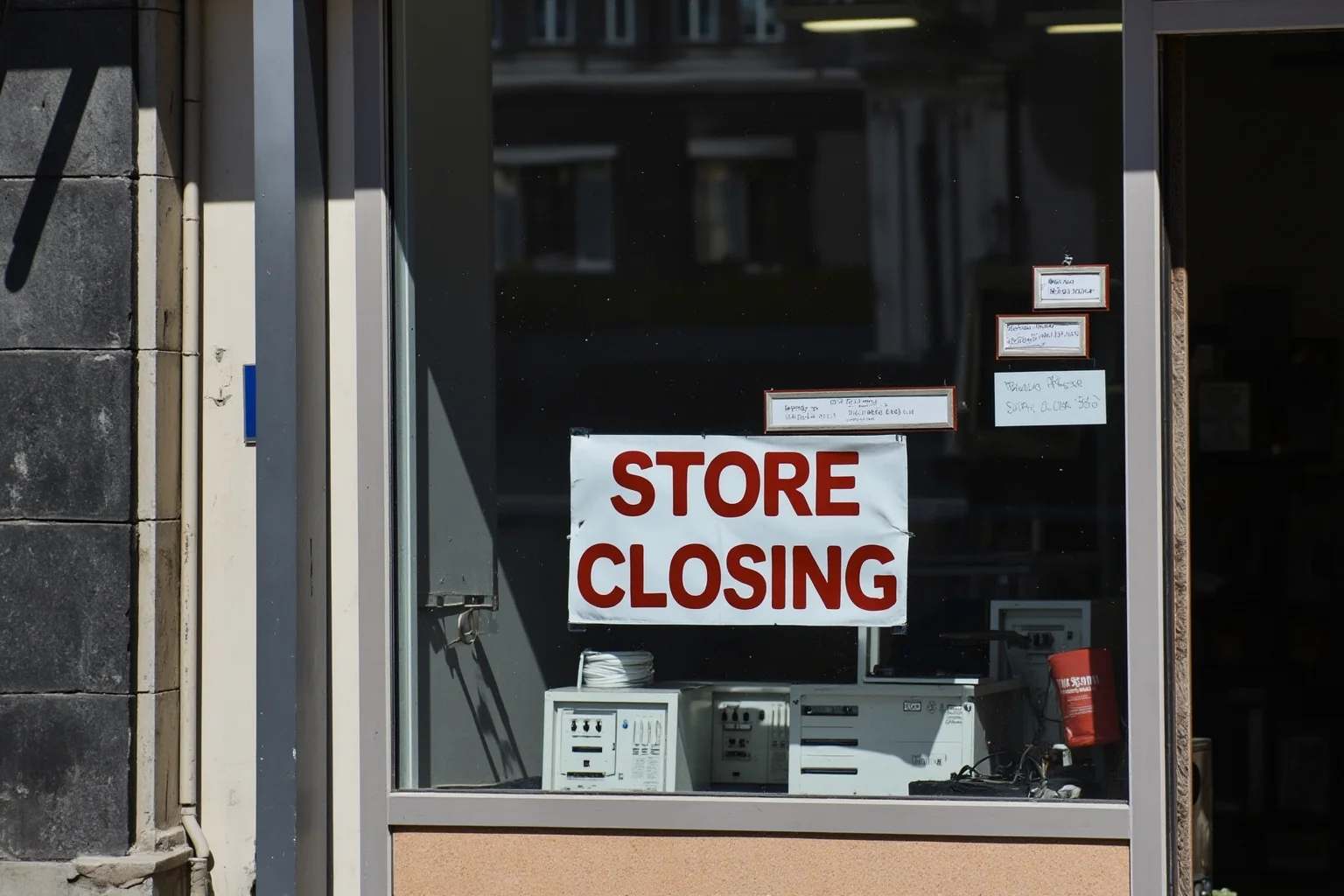 A closed electronics store storefront with a faded 'store closing' sign in the window