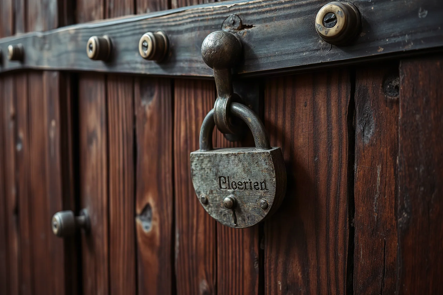 A closed wooden pub door with an old iron lock, symbolizing historic Irish holiday closing laws