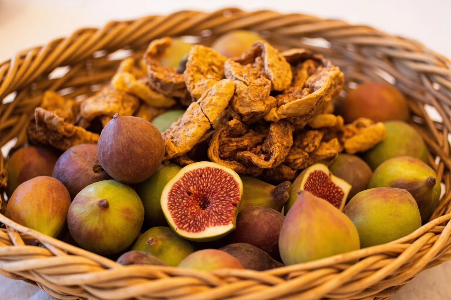 Ancient Greek Diet: 20 Foods Ancient Greeks Ate on a Daily Basis 8 A cluster of fresh and dried figs arranged in a woven basket, ancient Mediterranean style