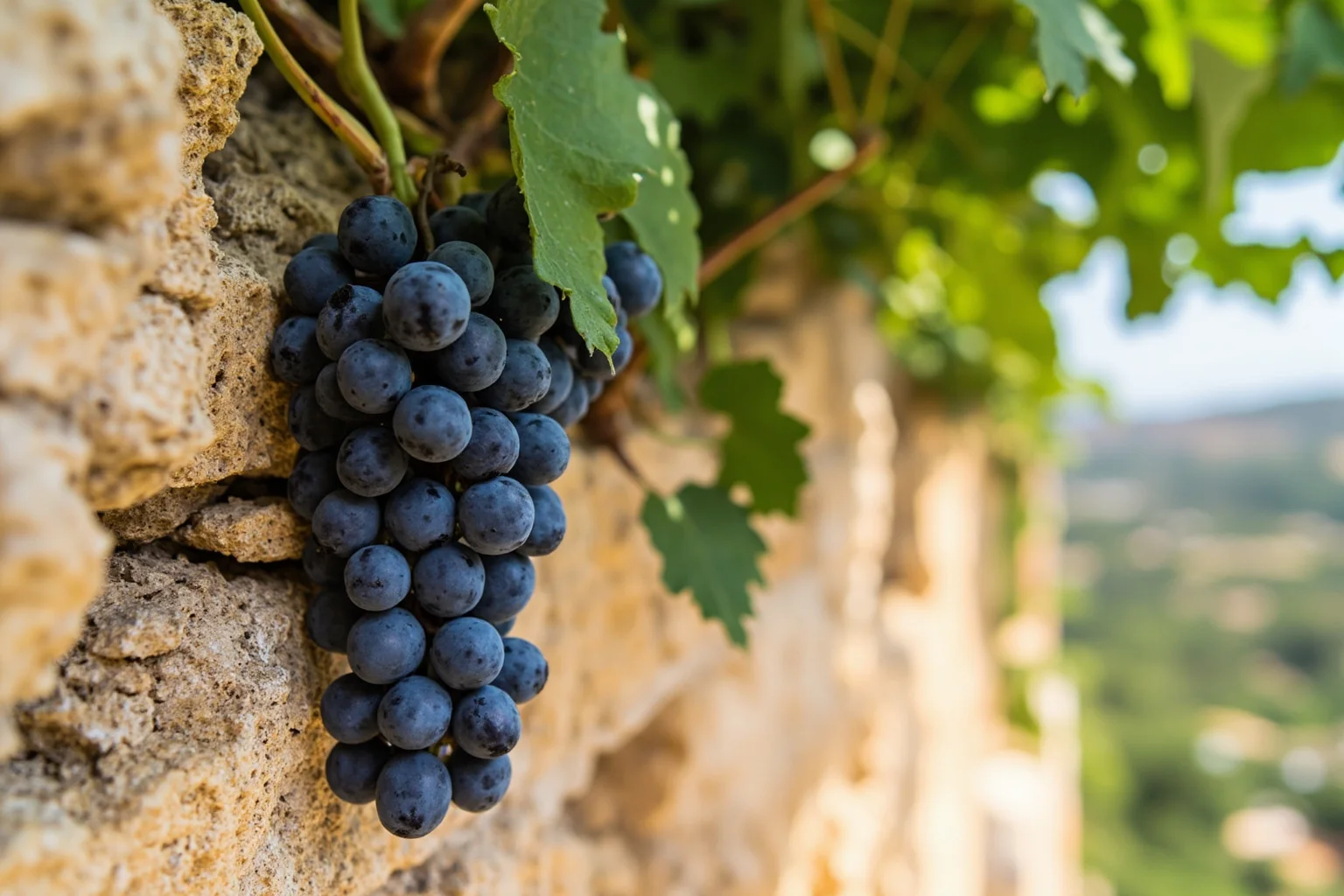 Ancient Greek Diet: 20 Foods Ancient Greeks Ate on a Daily Basis 16 A cluster of fresh purple grapes on a vine draped over an ancient Greek stone wall