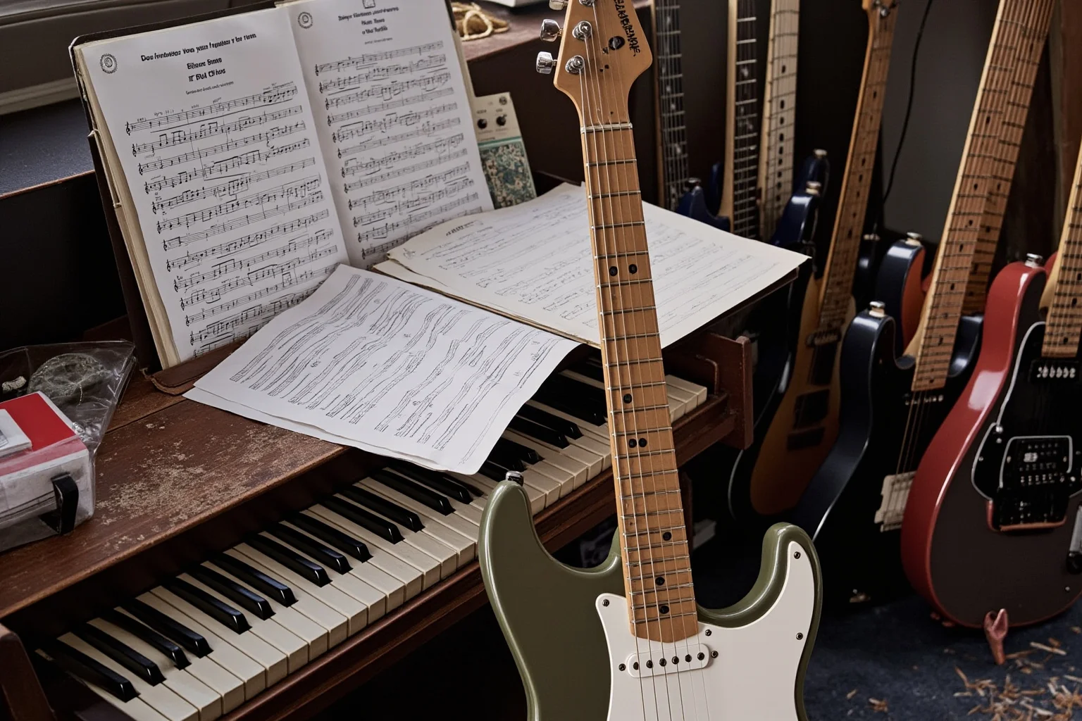 Incredible Facts About the Beatles' Greatest Band History 14 A cluttered 1960s songwriting desk with sheet music, a piano, and multiple guitars