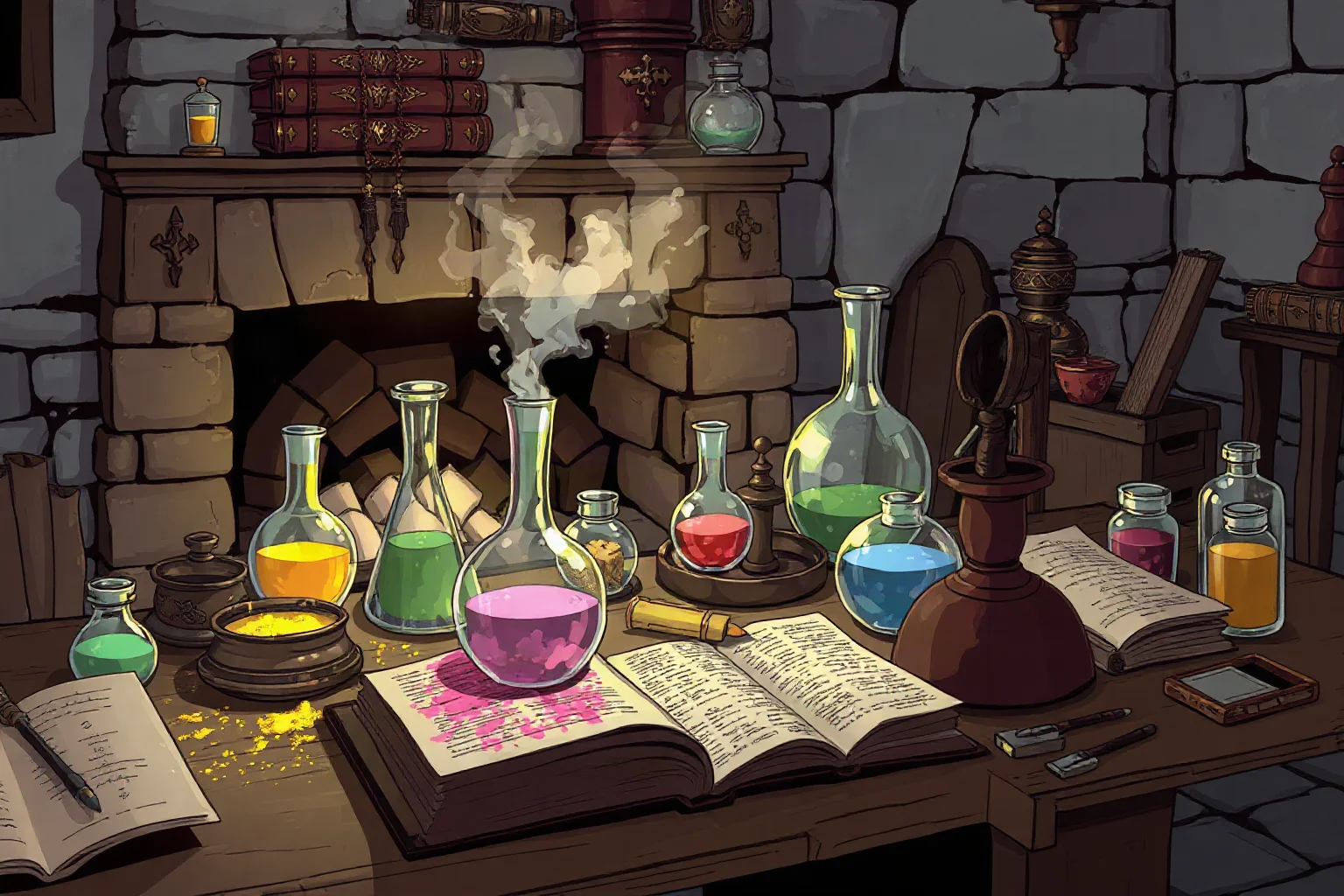 A cluttered alchemist's table with glass vials, powders, and old manuscripts in a dim stone room, illustration style