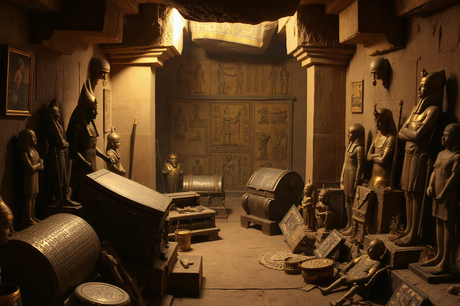 A cluttered ancient Egyptian tomb chamber filled with golden chests, chariots, and statues