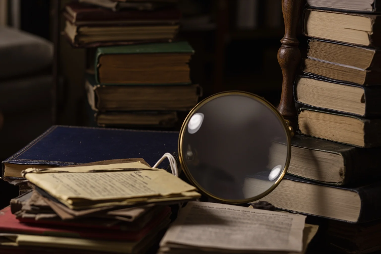 Words of Wisdom: 20 of Albert Einstein's Greatest Quotes 8 A cluttered antique study with books and papers stacked high around a magnifying glass