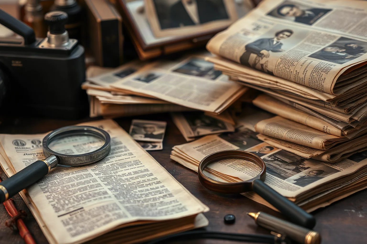 A cluttered desk with old newspapers, magnifying glass, and photographs, symbolizing investigative research into true history