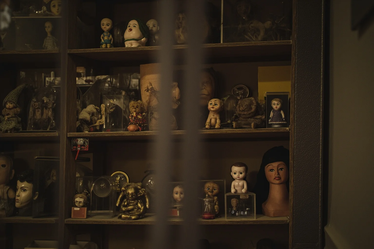 A cluttered dusty museum shelf lined with old dolls, masks, and glass cases