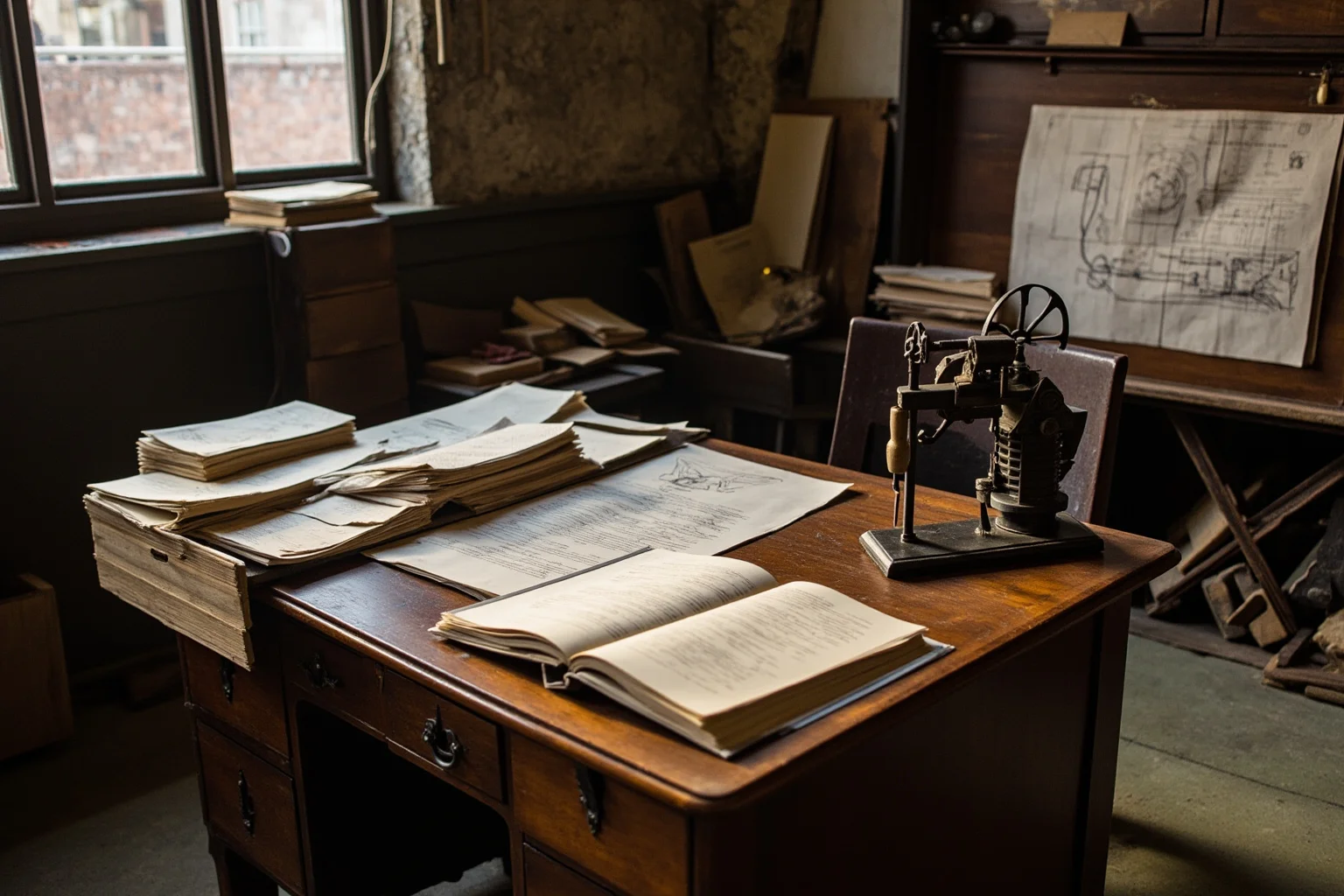 A cluttered Georgian-era factory office with ledgers, blueprints, and an early steam engine model on the desk