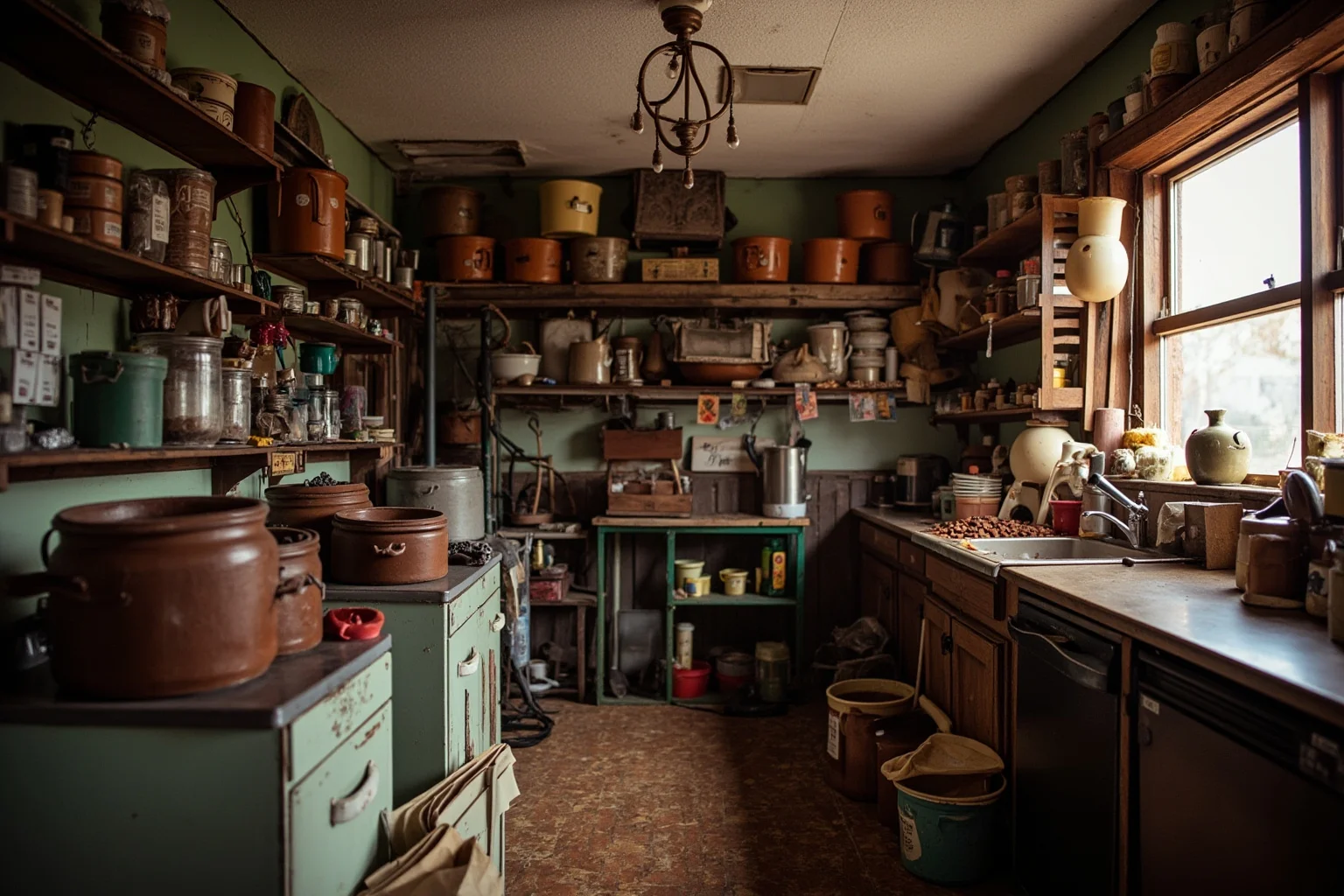 A cluttered small-town candy shop kitchen with pots of chocolate, evoking early failed entrepreneurial ventures
