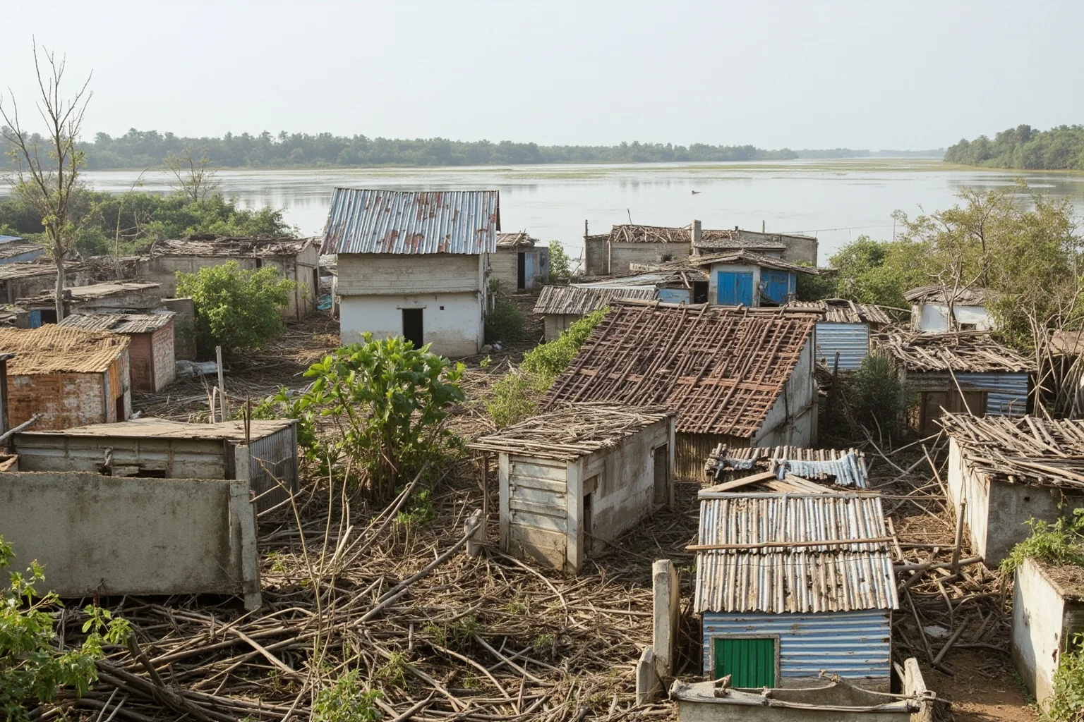 A coastal Bangladeshi village devastated by cyclone storm surge with debris and flooded fields