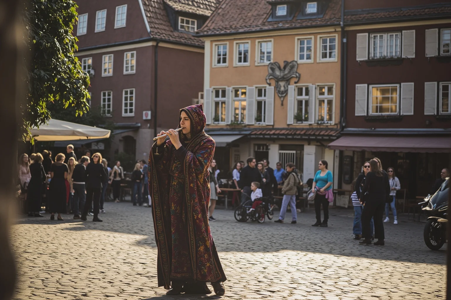 Myths That Defined Cultures: 20 Legends Born From True Events 13 A cobblestone medieval German town square with a mysterious flute-playing figure in a colorful cloak