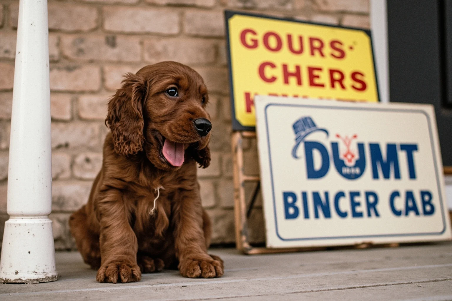 Most Famous Dogs in History: 22 Iconic Canines Who Made Their Mark 18 A cocker spaniel puppy sitting on a porch beside vintage 1950s campaign signs