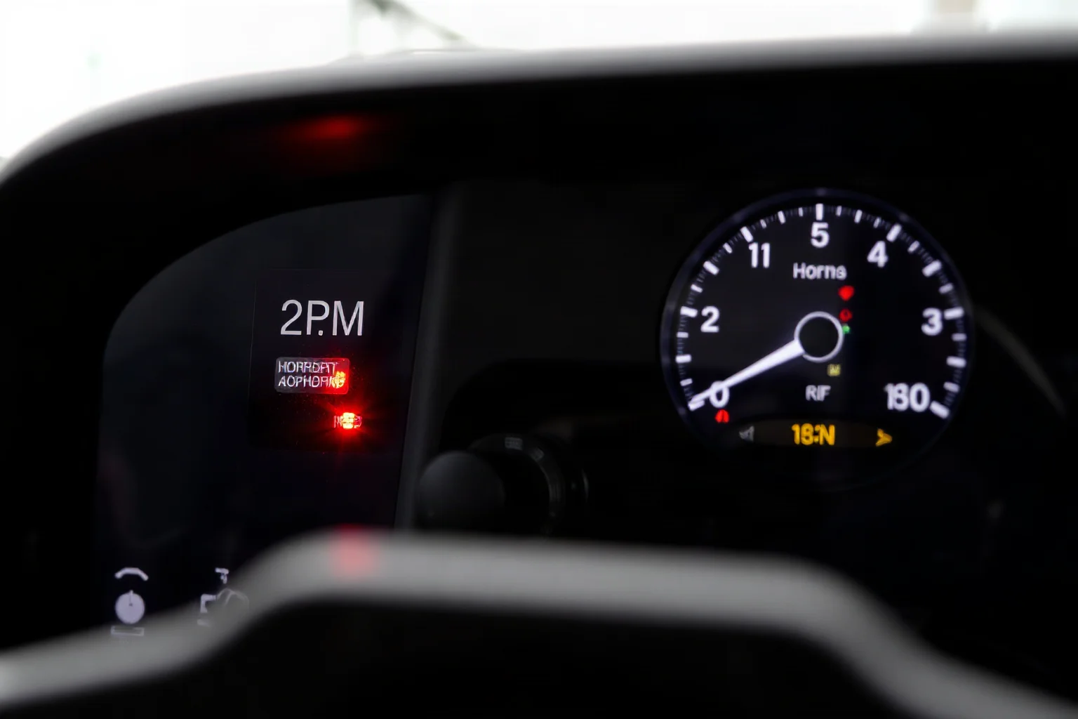 A cockpit instrument panel close-up showing a warning light and horn indicator glowing red