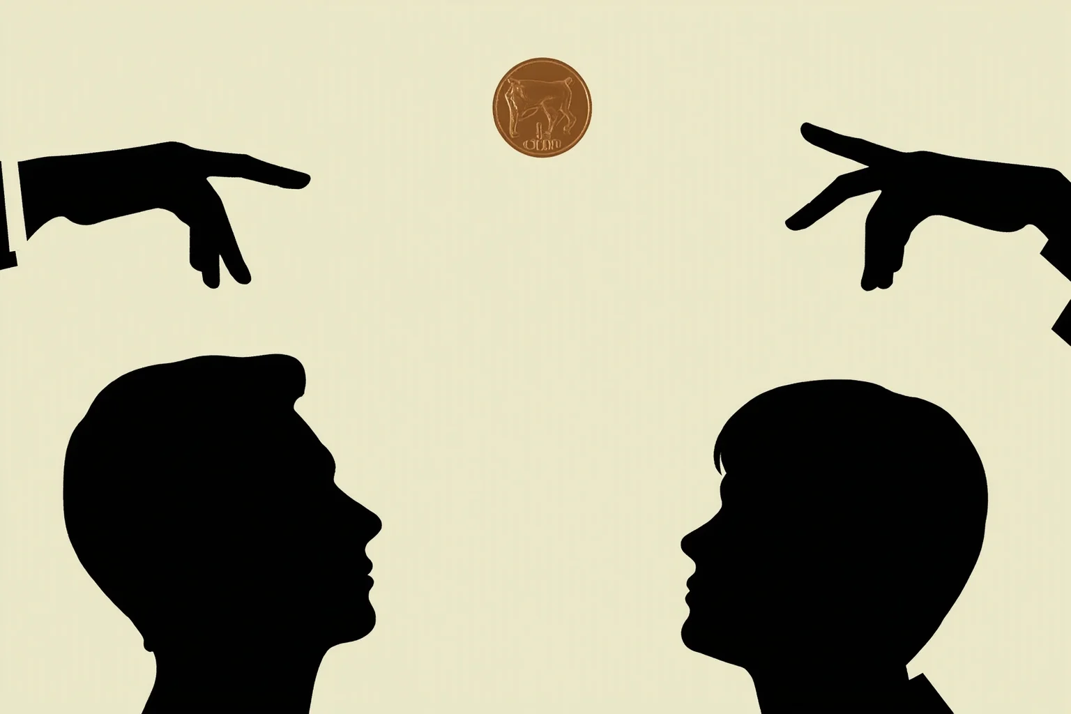 A coin mid-flip above two silhouettes, symbolizing random assignment of roles in a study