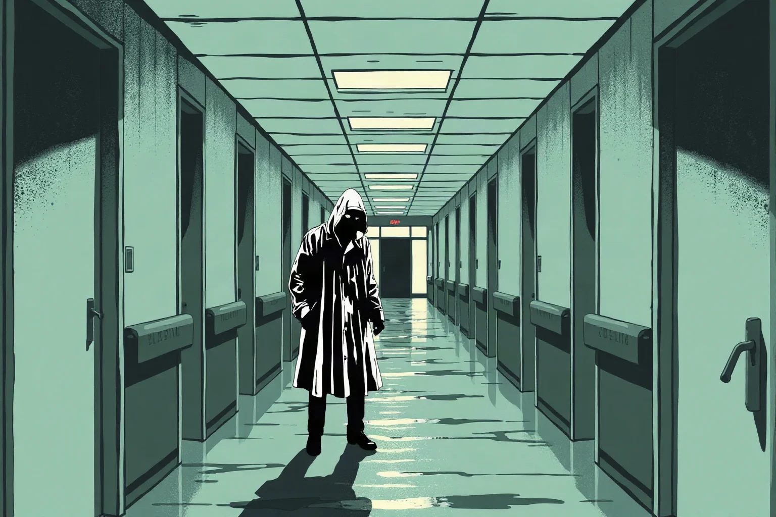 A cold, clinical illustrated hospital corridor from the 1940s with a shadowy white-coated figure, evoking wartime medical horror