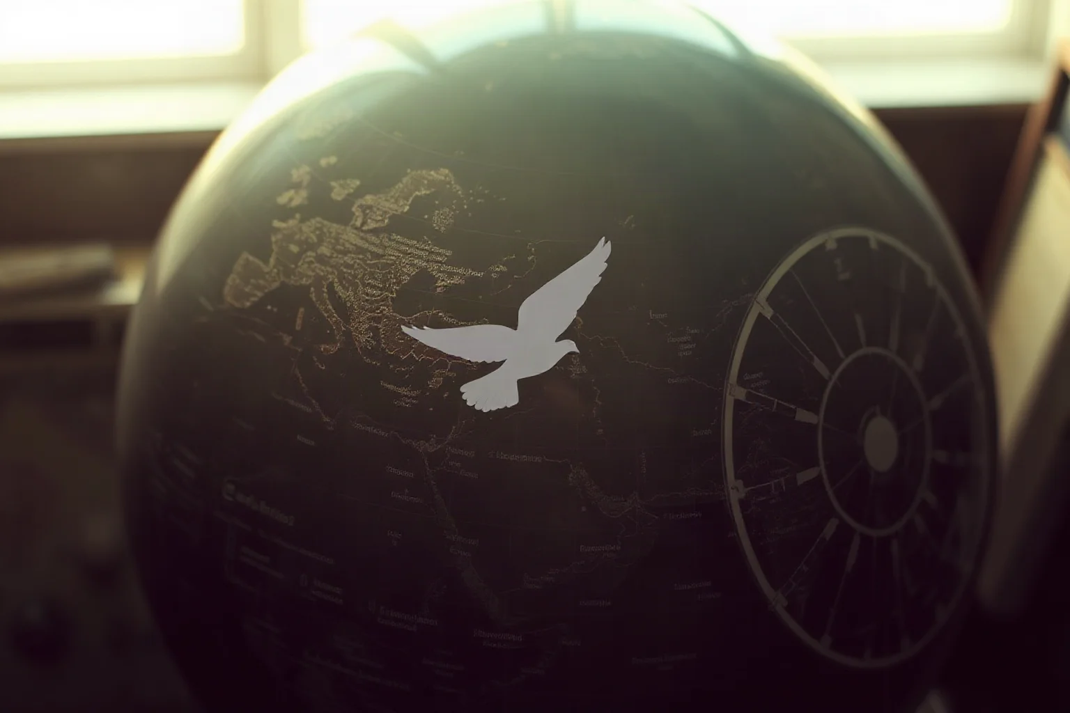 A Cold War-era globe with a faint missile silhouette and a dove overlay in soft light