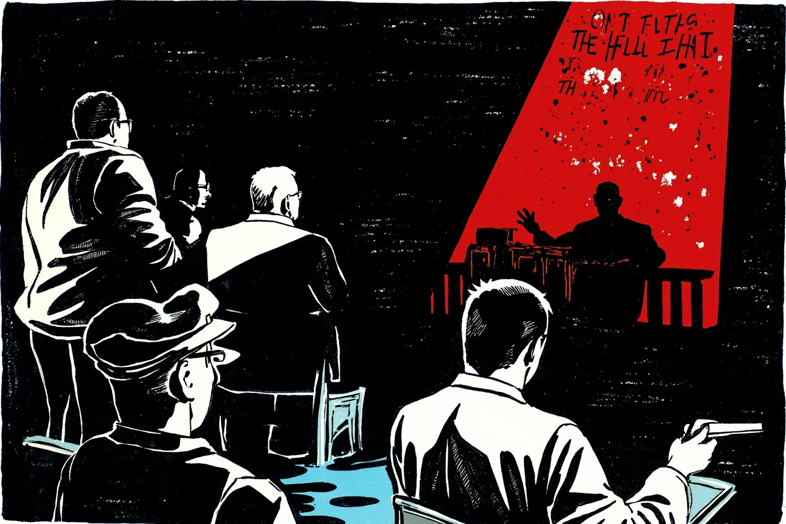 A Cold War era illustration featuring a shadowy courtroom and an American flag, symbolic of an espionage trial