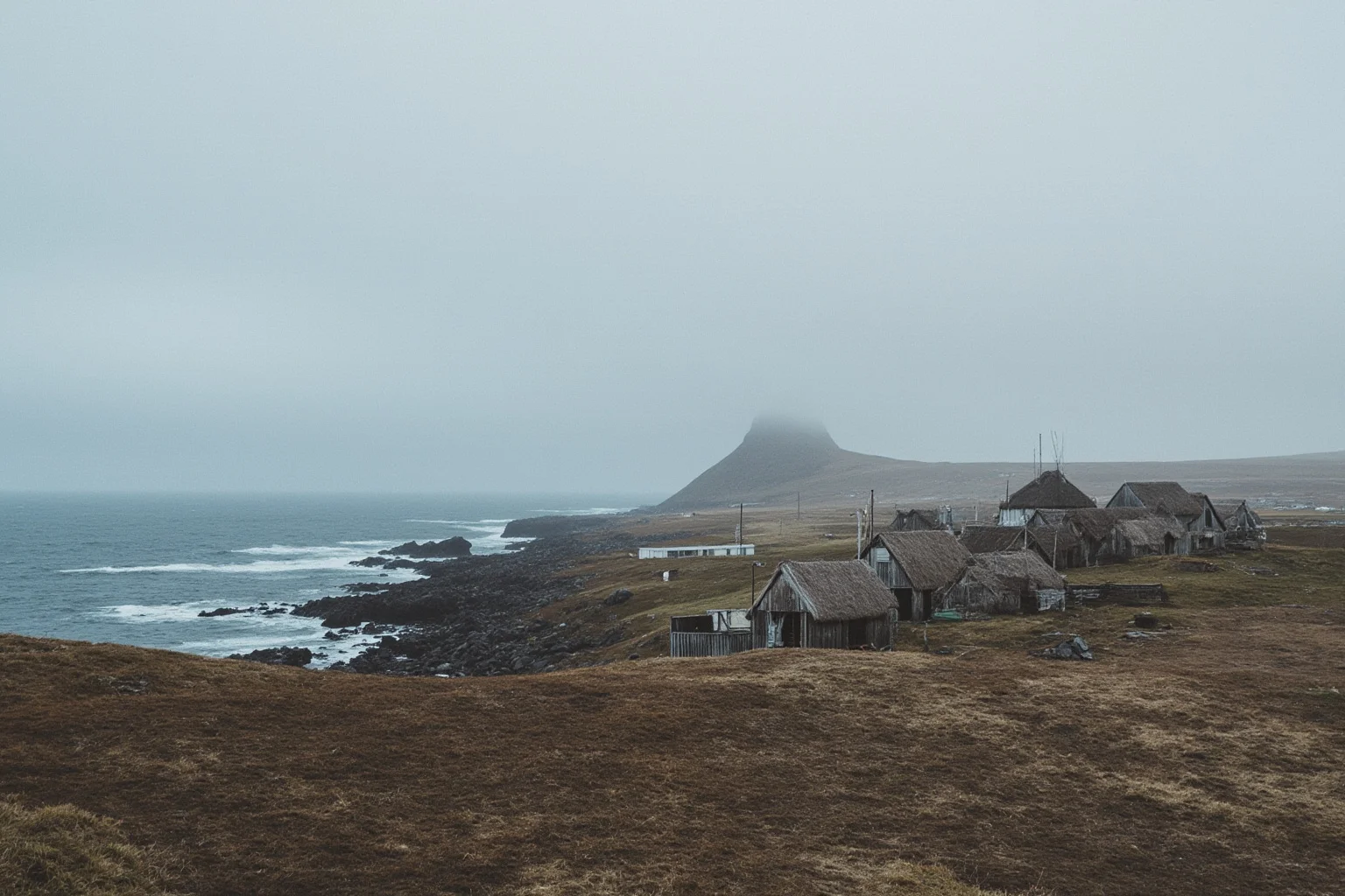A cold, windswept Norse-style turf settlement on a barren Greenland coastline