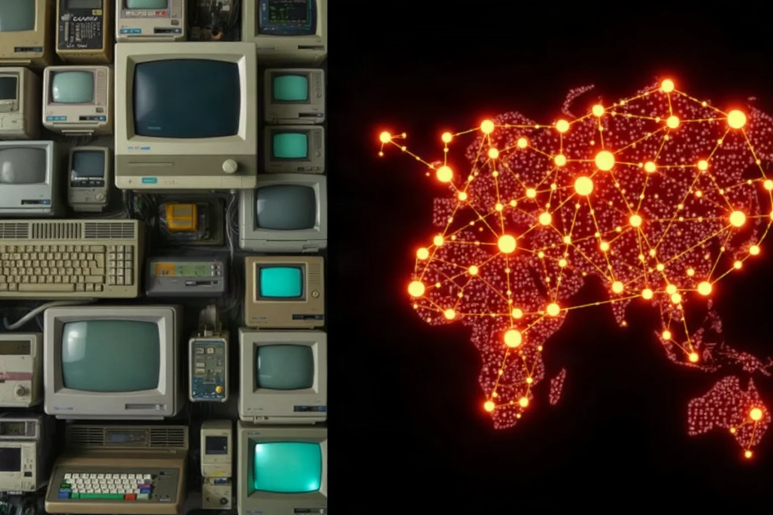 A collage of early computers, circuit boards, and a glowing global network map