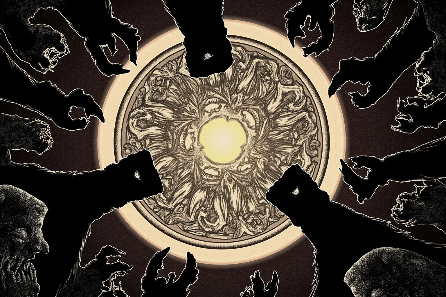 A collage-style fantasy illustration of multiple silhouetted monsters surrounding a single glowing silver coin