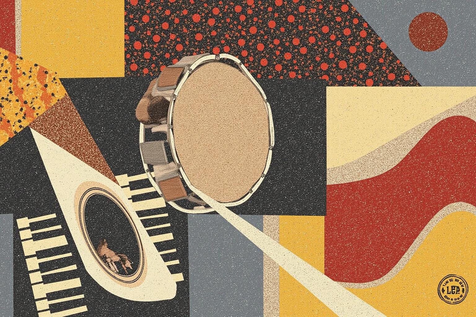 A collage-style illustration blending blues, gospel, and country musical instruments like a guitar, tambourine, and piano