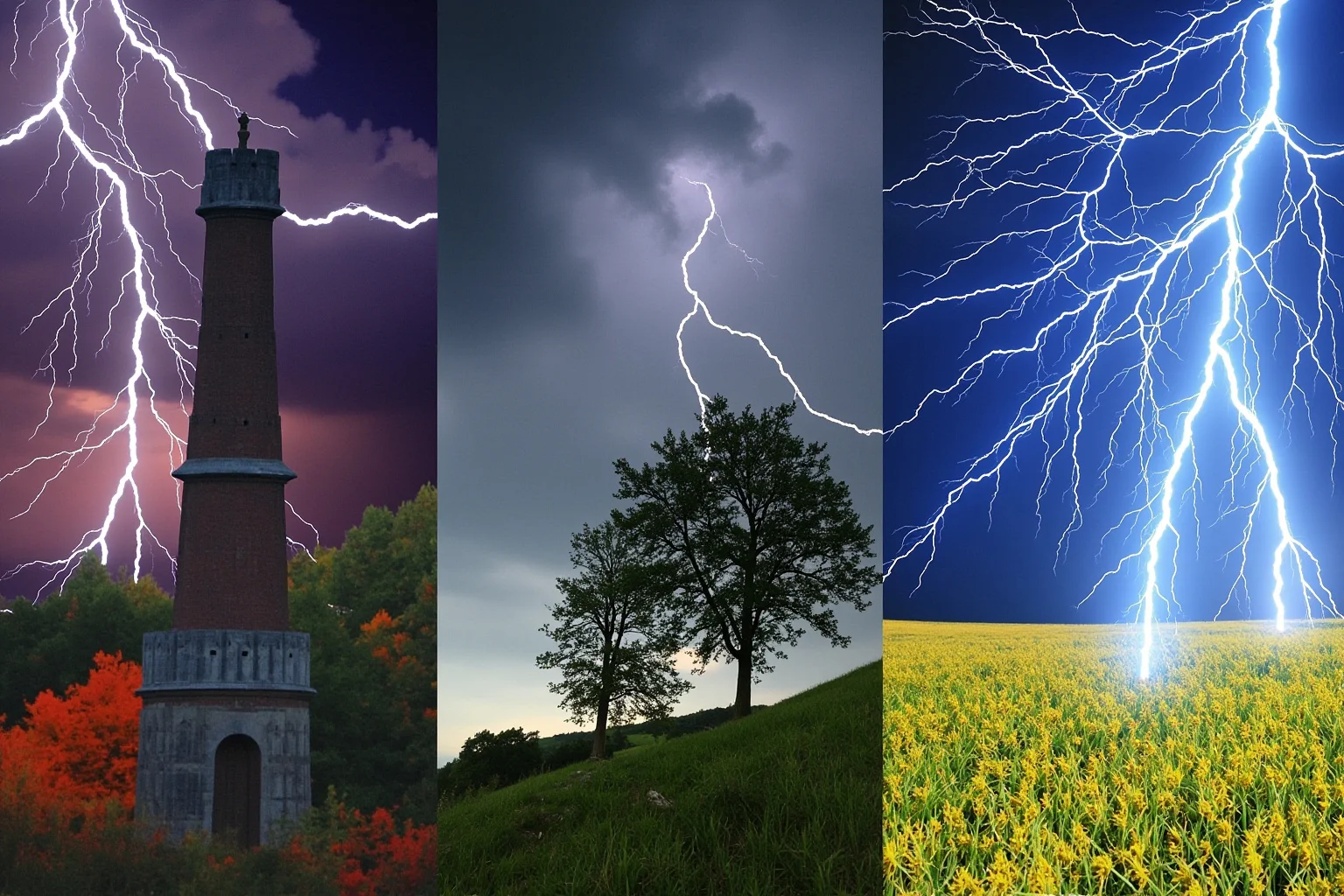 The Human Lightning Rod: The Man Who Was Struck Seven Times 19 A collage-style illustration of lightning striking different terrains: a tower, a tree, an open field