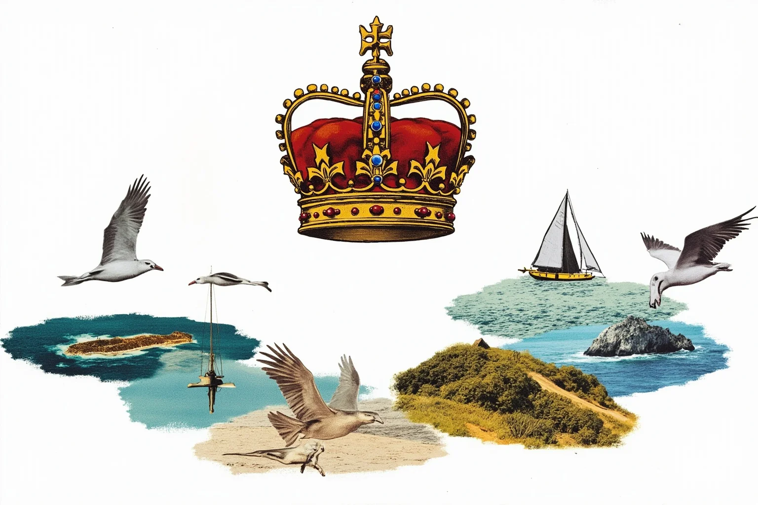 A collage-style illustration of small island nations with a ceremonial crown motif representing Commonwealth realms