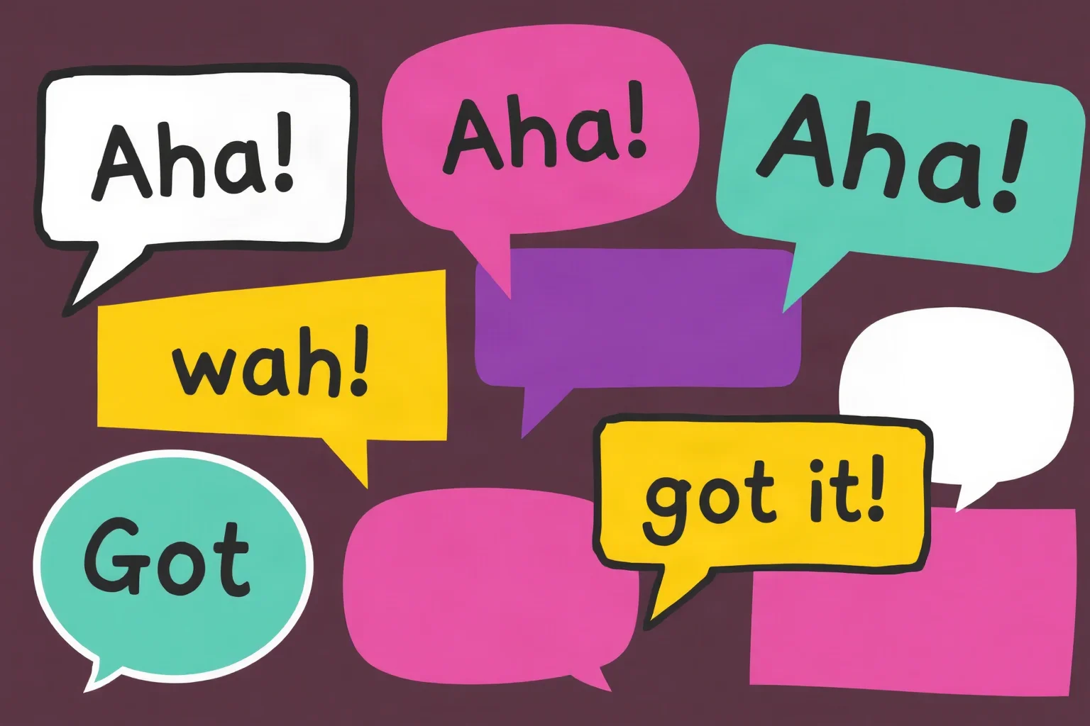 A collage-style illustration of speech bubbles with words like 'Aha!' and 'Got it!' in a colorful modern design